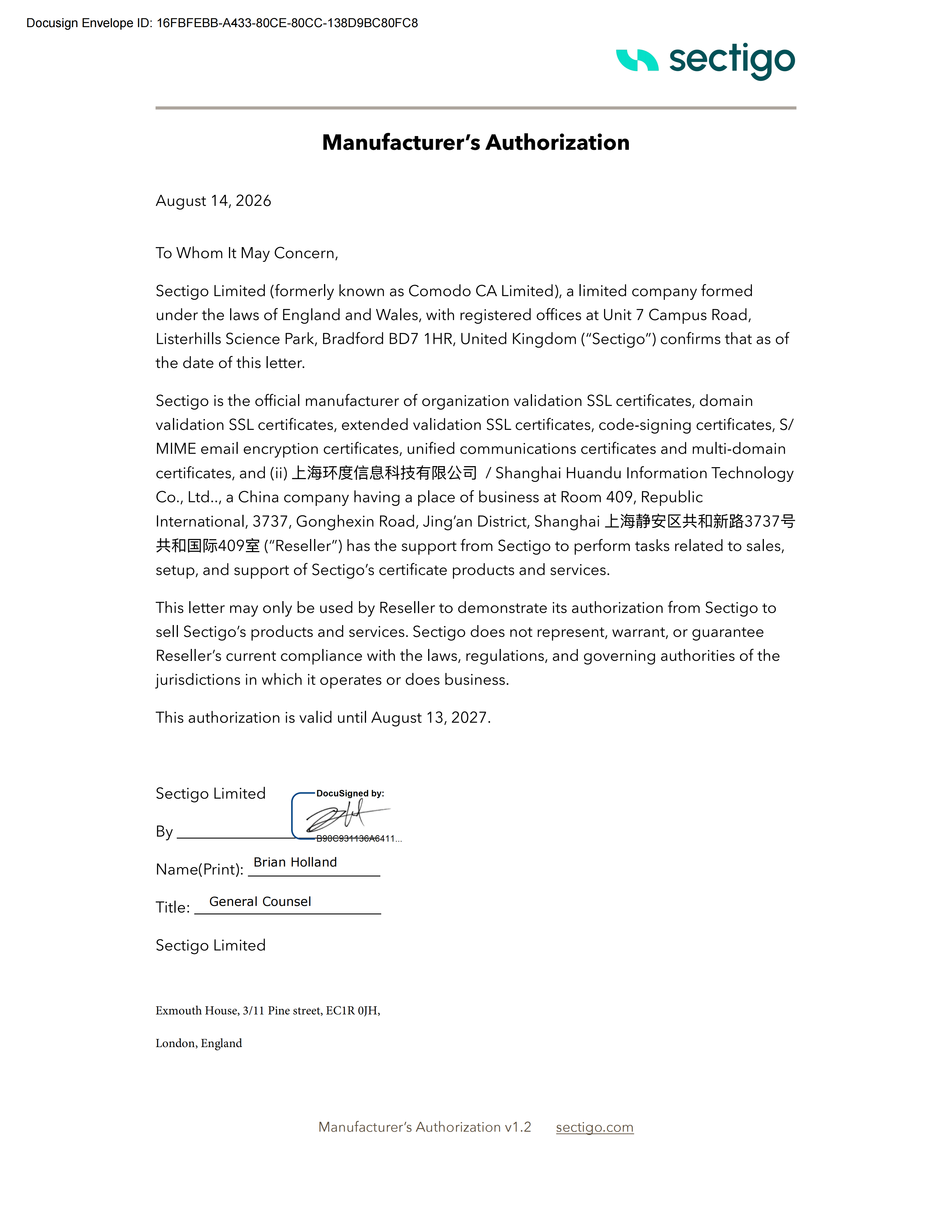 Sectigo续期确认环度网信授权合作伙伴资格，持续深化数字证书安全服务合作