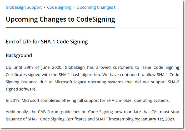 GlobalSign 关于即将停止 SHA-1 代码签名的签发通告