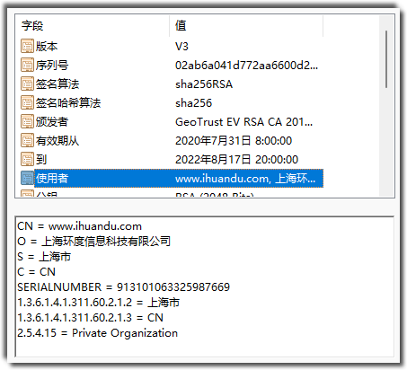 EV SSL证书中具有域名和单位名称及更多信息